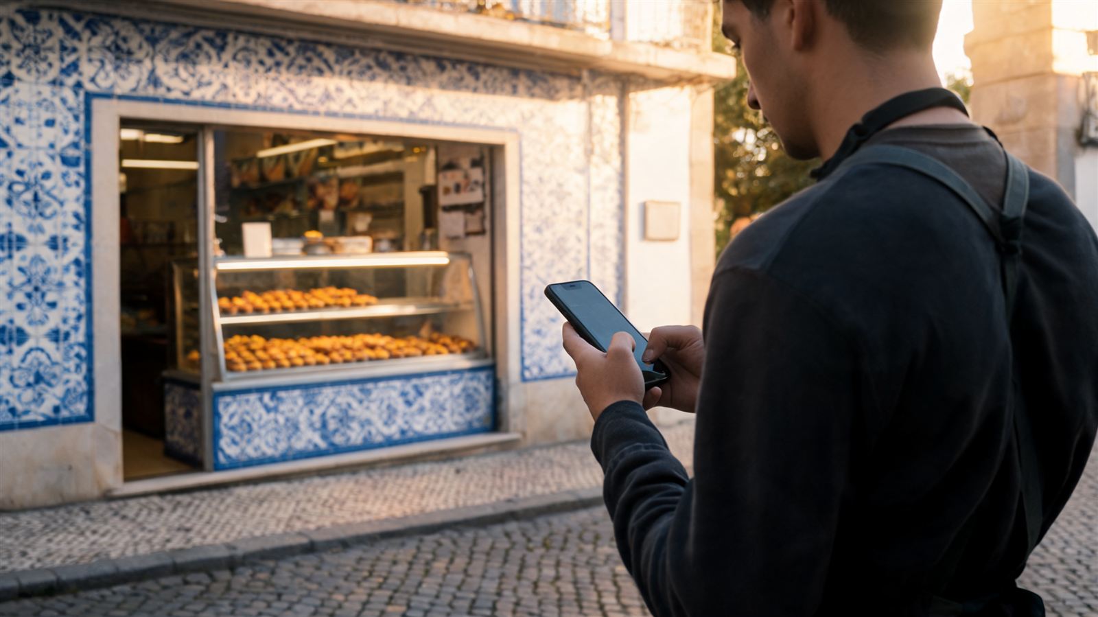 Funcionário de pastelaria a registar a entrada no WhatsApp à porta da loja