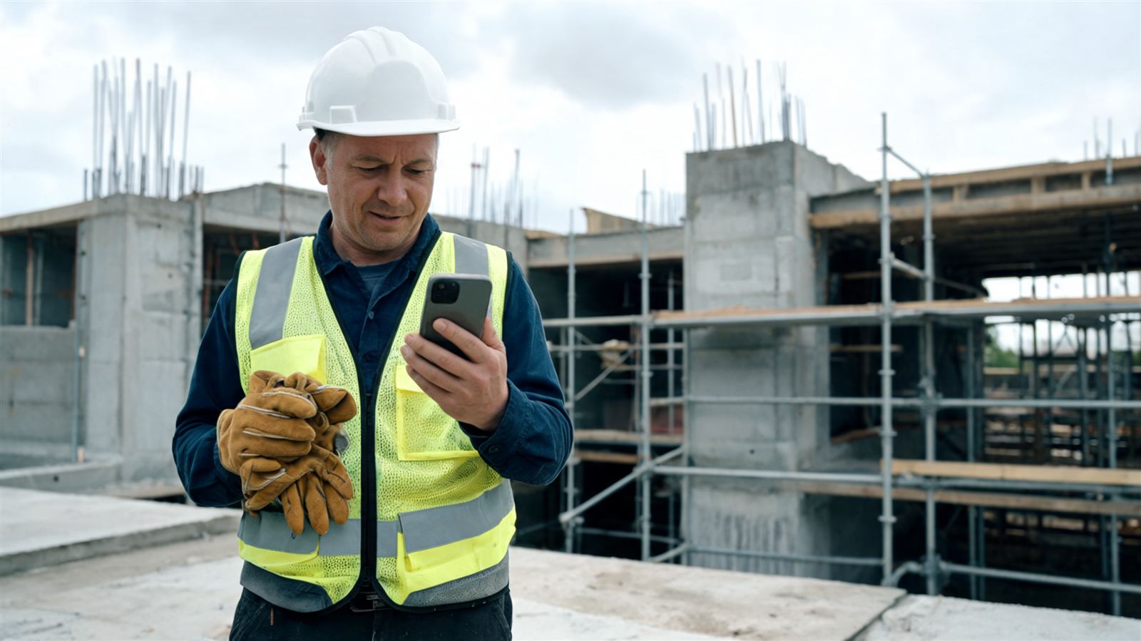 Trabalhador da construção a registar o ponto no telemóvel em obra